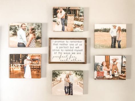 Wall Collage With Canvas Pictures, Photo Wall Collage Wedding Decor, Canvas Photo Wall Ideas Master Bedrooms, Wedding Picture Collage Ideas, Ways To Display Wedding Photos At Home, Wedding Canvas Wall Display, Wedding Picture Wall Ideas Living Rooms, Wedding Wall Collage, Engagement Photo Wall Display