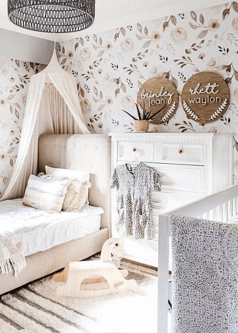 shared nursery 24 Shared Sibling Room, Room With Floral Wallpaper, Baby And Toddler Shared Room, Toddler And Baby Room, Sibling Room, Shared Nursery, Shared Girls Room, Shared Girls Bedroom, Shared Kids Room