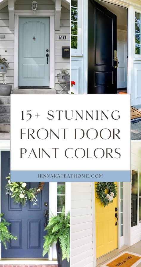 Boost your home's curb appeal with these fun and bold front door colors! Whether you have a tan house or a white house, choosing the best paint colors for the front door can make a simple yet powerful statement. From popular sunny yellows to deep, dramatic blues, these options are all about making your front door the focal point. Front Door Colors With Blue House, Paint Front Door Diy, Popular Blue Paint Colors, Popular Front Door Colors, Bold Front Door Colors, Bold Front Door, Front Door Paint, Best Front Door Colors, Tan House