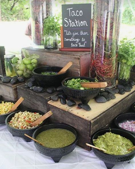 Taco Catering Ideas, Taco Party Table Display, Build Your Own Taco Bar Wedding, Tacos Set Up, Tacos Wedding Buffet, Taco Buffet Wedding Receptions, Mexican Grazing Table Wedding, Catering Display Mexican Food, Wedding Elote Bar