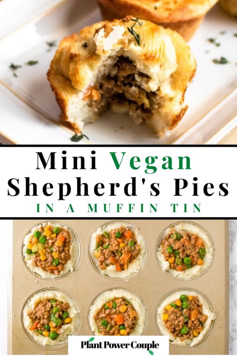 This savory Vegan Cottage Pie Cupcake is a veganized – and slightly fancified – version of a classic cottage pie or shepherd’s pie. Buttery mashed potatoes with just the slightest crisp encase a beefy plant-based mince and veggie filling that pours into your mouth at the first bite. This vegetarian and dairy-free appetizer recipe is easy to put together with a wow-factor that belies its simplicity. #veganrecipe #plantbased #vegetarianappetizer Vegan Cottage Pie Recipe, Vegan Savoury Pie, Vegan Cottage Pie, Vegan Pie Savoury, Vegan Shepherds Pie Recipe, Vegan Bean Pie, Eden Diet, Vegan Pot Pie, Banana Food