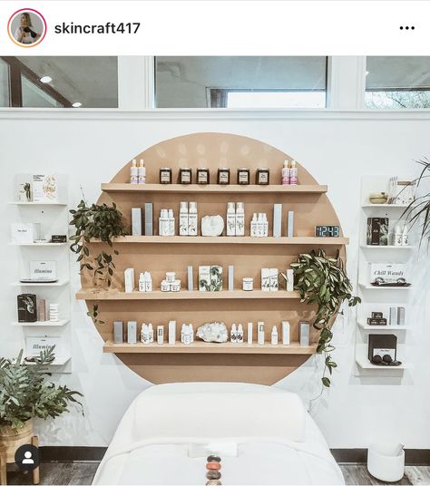 Esthetician Shelf Decor, Spa Shelves Decor, Boho Spa Interior Design, Floating Shelves Salon Retail, Spa Sink Ideas, Salon Retail Wall Display Ideas, Floating Shelves Retail Display, Floating Shelves Esthetician Room, Salon Display Ideas Retail