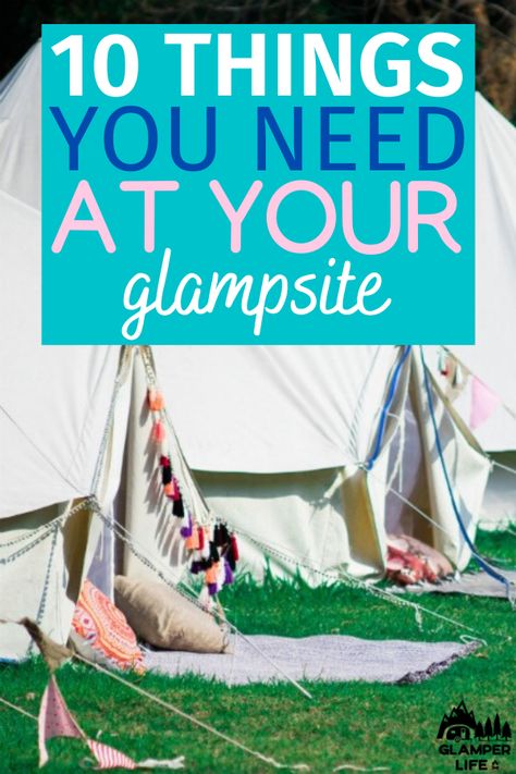 Boho Camping Tent, Glamp Site Ideas, Glamping Campsite Ideas, Tent Camping Must Haves Glamping, Glamping Tents Ideas, Glam Tent Camping, Bell Tent Glamping Ideas, Romantic Tent Camping Ideas, Glamping Must Haves Products