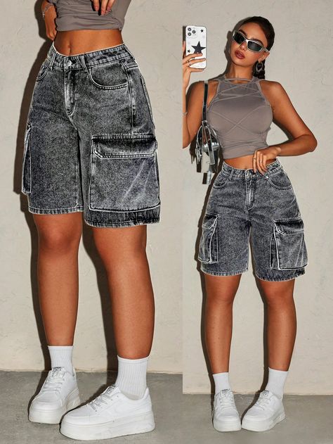 Women Casual Plain Denim Shorts With Pocket, Summer Light Grey Casual   Denim Plain Bermuda Non-Stretch  Women Clothing, size features are:Bust: ,Length: ,Sleeve Length: Lisa's Outfits, Women Denim Shorts, Casual Denim Shorts, Summer Shorts Denim, Bow Shorts, Shein Icon, Baggy Pants, Jeans Casual, Embroidered Shorts