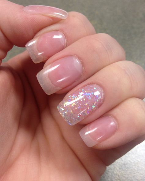 Love my clear coat overlay w/glitter! Short Clear Nail Designs, Clear Mail With Design, Clear Sns Nail Designs, Short Nails Clear Pink, Clear Glitter Acrylic Nails Short, Clear Polish Nail Designs, Shellac Clear Nails, Clear Manicure Ideas, Clear Nails Ideas Short