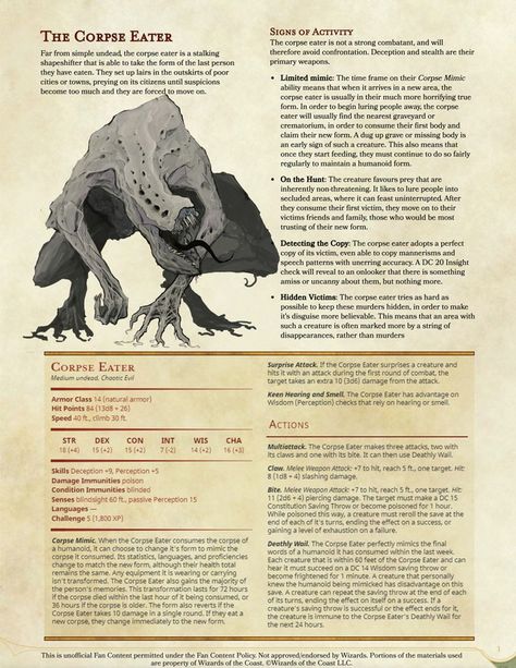 Dnd 5e Low Level Monsters, Corpse Eater Dnd, Spooky Dnd Monsters, Dnd Mutated Monsters, Abyssal Creatures Dnd, D&d Monster Stats, Cool Dnd Monsters, Undead Creatures Dnd, Dnd Creatures Art