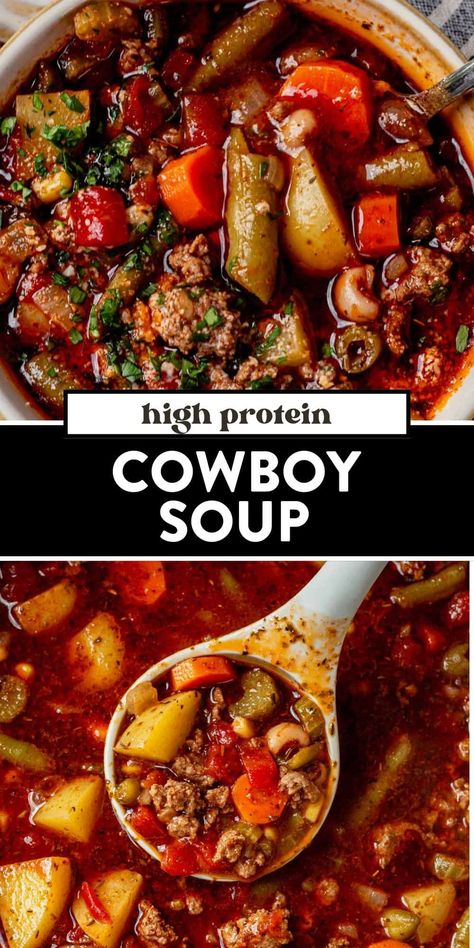 This hearty cowboy soup combines your favorite Tex-Mex ingredients like ground beef, beans, vegetables, and smoky seasonings. Bring the wild west to your kitchen with this budget-friendly and filling soup! It makes great leftovers and is full of healthy ingredients, making it the perfect weeknight meal. Cowboy Soup, Homemade Soup Recipe, Fall Soup Recipes, Crockpot Soup Recipes, Best Soup Recipes, Delicious Soup Recipes, Soup Dinner, Beef Soup, The Wild West