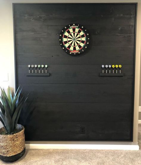 Man Cave Dart Board Ideas, Cork Wall For Dart Board, Back Board For Dart Board, Home Dart Board Ideas, Dart Boards Wall, Indoor Dart Board Ideas, Dart Board Set Up Ideas, Farmhouse Basement Living Room, Garage Dart Board Ideas