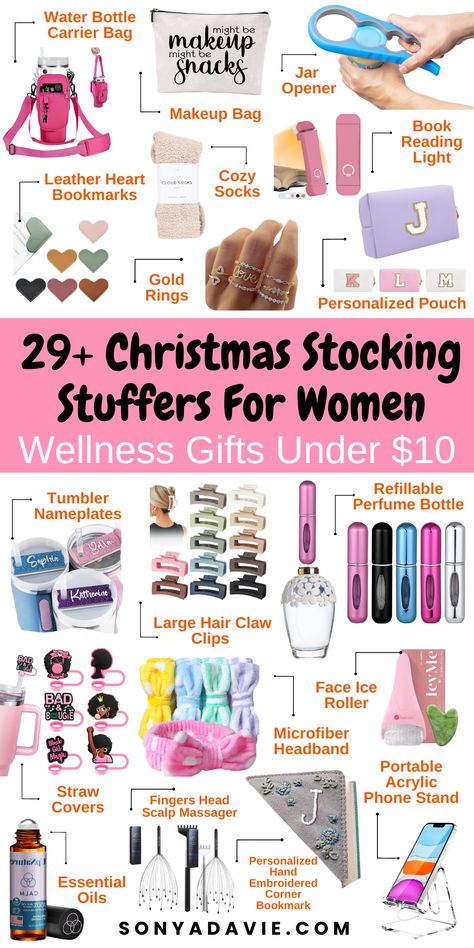 Looking for affordable and thoughtful holiday gifts? Check out this ultimate list of Christmas stocking stuffers for women under $10! From unique wellness gift ideas to inexpensive Christmas basket gift ideas, we’ve got you covered. Perfect for teens, adults, moms, and friends, these stocking stuffer ideas fit all ages, including cheap yet chic options. Explore these 29 Christmas gift ideas for women and make this holiday season special without breaking the bank! Stocking Stuffers Women List, Christmas Gift Basket Ideas For Mom, Cheap Gift Basket Ideas For Women, Secret Santa Gift Ideas For Women, Stocking Stuffer Ideas For Adults, St Nick Gift Ideas, Cute Super Soft Socks For Stocking Stuffers, Stocking Stuffers For Coworkers, Warm Cozy Fit Socks For Stocking Stuffers