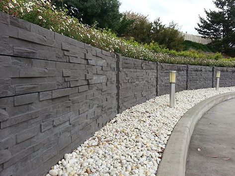 Concrete Sleeper Retaining Walls, Concrete Fence Wall, Pagar Modern, Sleeper Wall, Sleeper Retaining Wall, Small Water Fountain, Concrete Sleepers, Compound Wall Design, Stone Fence