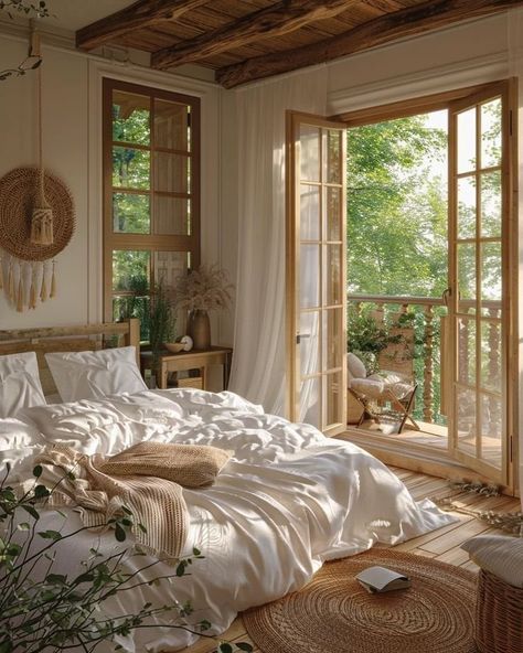 Cozy Mediterranean Bedroom, Light And Cozy Bedroom, Luxury Bedroom Master With Balcony, Balcony Bedroom Ideas, Bedroom Ideas With Balcony, Large Cozy Bedroom, Room With Balcony Bedrooms, Dream Bedroom Cozy, Garden Bedroom Ideas