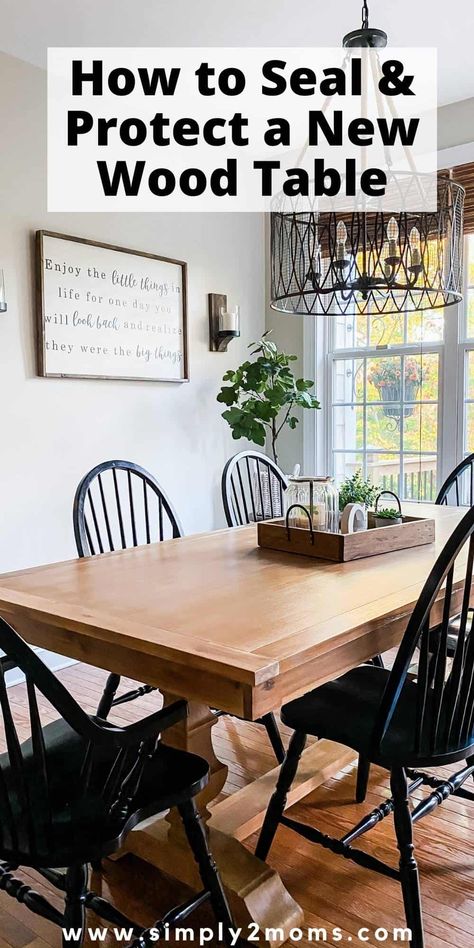 Learn the best way to seal a new wood table. Protect your investment from water stains and scratches with these easy steps. If your table doesn't have a high quality finish on it then you may want to add a top coat to protect it. Polyurethane can sometimes yellow your wood pieces however using a matte flat top coat by General Finishes will provide a beautiful finish while saving your wood table from stains. These steps can be used on any painted or stained wood furniture pieces to seal them. Stained Wood Furniture, Sealing Wood, Natural Wood Dining Table, Stained Table, Kitchen Table Wood, Homemade Tables, General Finishes, Wood Table Top, Dining Table Top