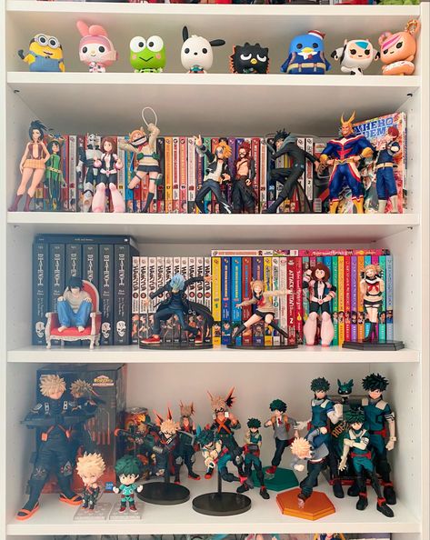 my hero academia manga shelf Anime Figures Display Ideas, Display Figures Ideas, My Hero Academia Collection, Anime Figure Organization, Mha Manga Collection, My Hero Academia Bedroom Ideas, Anime Figure Shelf Display, My Hero Academia Room Ideas, Anime Room Setup