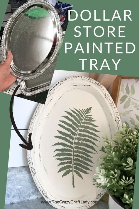 Grab a dollar store silver serving tray and get crafting. Watch this tutorial to see how to completely transform a serving platter with chalk paint and a stencil into a distressed botanical tray. Dollar Tree Serving Tray, Serving Tray Ideas, Silver Tray Decor, Silver Serving Tray, Diy Serving Tray, Silver Serving Trays, Plastic Serving Trays, Chalk Crafts, 5 Dollar