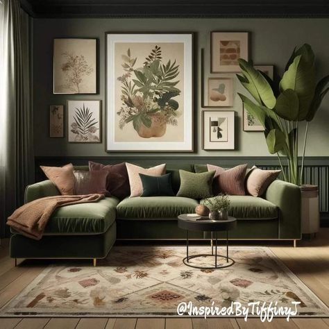 White Walls Green Sofa, Green Walls Green Sofa, Khaki Green Sofa Living Room Ideas, Dark Green Velvet Sofa Living Room Ideas, Green Sofa Interior Design, Green Sofa Beige Walls, Green Sofa Green Wall, Moss Green Sofa Living Room, Velvet Green Sofa Living Room