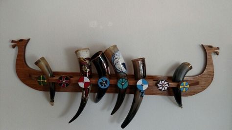 Viking ship drinking horn holder designed and built by my fiance. Eight holder spits in all Vikings Room Decor, Modern Viking Decor, Viking House Decor, Viking Bar Ideas, Viking Room Ideas, Viking Themed Bedroom, Viking Room Decor, Viking Living Room, Viking Inspired Home