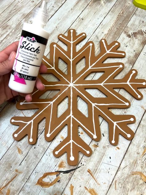 Dollar Tree Wooden Snowflake Crafts, Wooden Snowflakes Painted, Dollar Tree Wooden Snowflake, Dollar Tree Snowflake Crafts, Wooden Snowflakes Diy, Dollar Tree Snowflakes, Gingerbread Cabin, Dollar Tree Gingerbread, Gingerbread Snowflakes