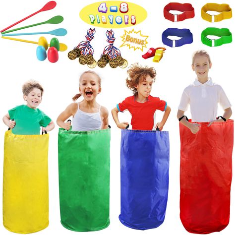 PRICES MAY VARY. FOR 4-8 PLAYERS. Our outdoor lawn game set includes 4 colorful Potato Sack Race Bags, perfect size 39.3" x 25.9" for Kids & Adults. 4 Wooden Egg & Spoon Race Game Sets for training kid's balance ability. 4 pcs 3 Legged Relay Race with elastic tie rope adjustable, and with EXTRA BOBUS - 10 Plastic Gold Medals &2 Whistles. UPGRADED POTATO SACK BAG. The Sacks made of high-quality durable Oxford Fabric, Say goodbye to traditional Burlap Bags, and solve the problems of odor, fluffing Potato Sack Race, Potato Sack Races, Field Day Games, Egg And Spoon Race, Sack Race, Potato Sack, Outdoors Birthday Party, Relay Races, Game Prizes