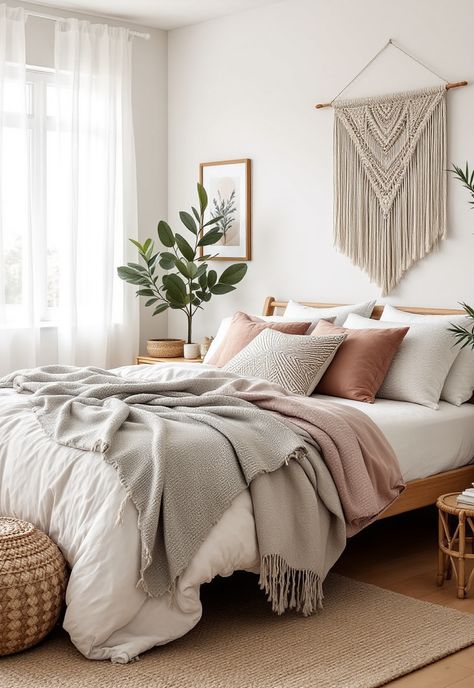 Scandi Boho Decor Cosy Scandi Bedroom, Scandinavian Throw Pillows, Scandi Boho Bedroom, Cozy Neutral Bedroom Boho, Boohoo Bedroom, Scandinavian Bedroom Minimalist, Scandi Bedroom Decor, Scandi Bedroom Ideas, Scandi Boho Living Room