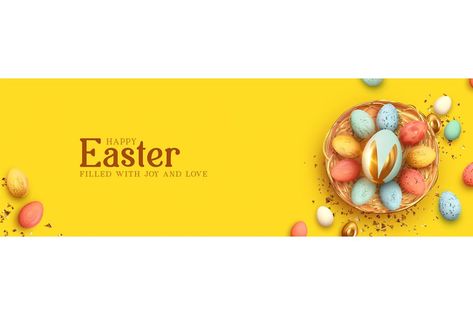 Festive Easter horizontal banner, template header for website. Realistic 3d design elements. Spring holiday. Easter eggs in basket. View from above. Yellow background. Vector illustration Eggs In Basket, Website Banner Design, Easter Banner, View From Above, Editing Skills, Spring Holidays, Website Banner, Easter Design, Yellow Background