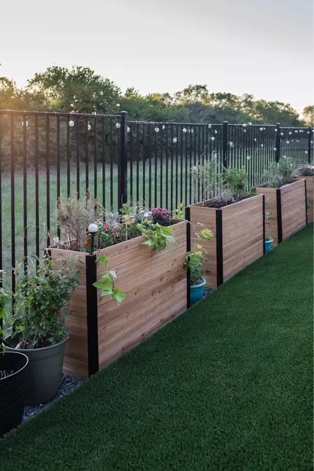 Love my parent’s backyard that has 36” tall raised planter boxes. So easy to put plants in and looks pretty! Linking string lights that we hung that are shatter proof, too #LTKstyletip #LTKhome How To Make Fence, Tall Planter Boxes, Deck Planter Boxes, Backyard Raised Garden, Backyard Planters, New England Arbors, Deck Planters, Raised Garden Planters, Fence Planters