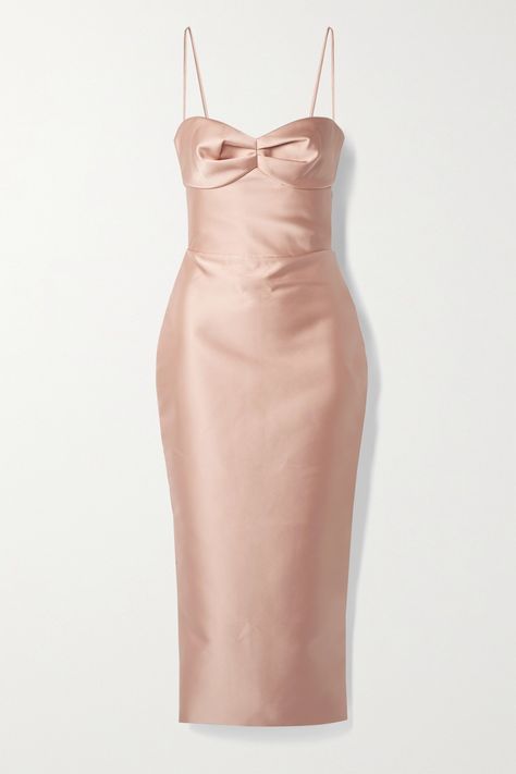 Blush · Duchesse-Satin · Midi dress is elegant in its simplicity. Made from blush duchesse-satin, it has ruched cups and a lightly padded bodice that nips in at the waist. It's fully lined in crepe de chine and has a generous back vent so you can move comfortably on the dance floor. Blush Midi Dress, Metallic Accessories, Blush Dress, Designer Maxi Dress, Duchess Satin, Dress Classy, Womenswear Fashion, Amina Muaddi, On The Dance Floor