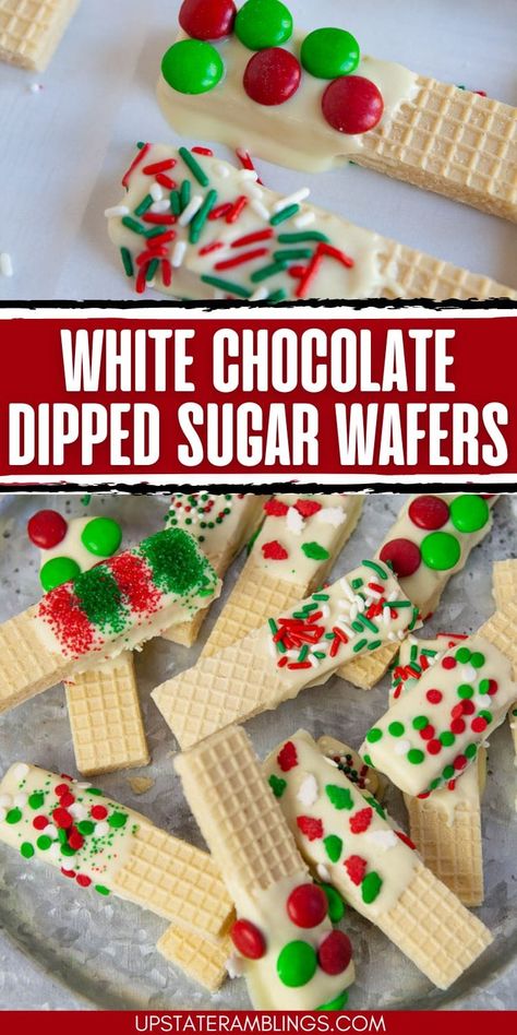 These White Chocolate Dipped Sugar Wafers are the perfect no-bake Christmas treat! With just a few ingredients and a little time, you can create a festive and tasty dessert. The combination of crunchy wafers and smooth white chocolate is a holiday favorite everyone will love. Christmas Dipped Sugar Wafers, Christmas Sugar Wafer Cookies, Dipped Wafer Cookies Christmas, Sugar Wafers Dipped, Melting White Chocolate For Dipping, Chocolate Dipped Wafers, Christmas Dipped Cookies, Christmas Wafer Cookies, White Christmas Treats