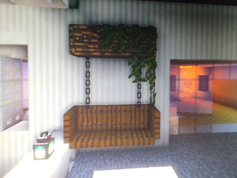 Minecraft | An idea for a swing for the garden or other rooms Minecraft Rooms Idea, Patio Furniture Minecraft, Minecraft Swings Ideas, Hanging Chair Minecraft, Minecraft Small Workstation, Table And Chair Minecraft, Single Minecraft Bed Designs, Dresser In Minecraft, How To Make A Bench In Minecraft