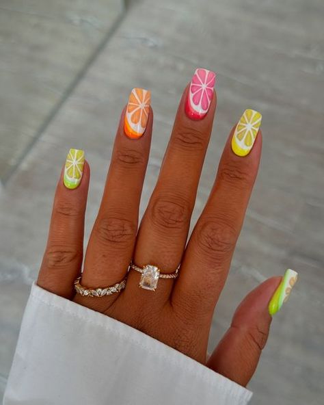 Charlotte Herberts on Instagram: "Citrus 🍋🍊🍋‍🟩  Which is your favourite nail? Lime, Orange, Grapefruit or lemon?   These are literally my fave nails I’ve ever created I just love them!   Inspired by @gelsbybry   @glossifyofficial  @the_gelbottle_inc  @nails_luxeofficial  @lucypastorellitools_  @nafprofessionals  @thepromiseringco   #fruitnails #orangenails #lemonnails #limenails #grapefruitnails #summernails #colourfulnails #nailart #3dnails #nailsnailsnails #nailsofinstagram #greennails #yellownails #longnails #squarenails" Oranges And Lemons Nails, Summer Nails Citrus, Orange Citrus Nails, Orange And Lemon Nails, Lime Fruit Nails, Grapefruit Nail Art, Gel Nails Summer 2024, Margarita Nails Design, Tangerine Nails Design