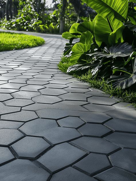 Dark Hexagonal Concrete Pavers Pathway Concrete Pathway Ideas, Dark Pavers, Hexagon Pavers, Walkway Design Ideas, Backyard Concrete, Garden Palette, Concrete Pathway, Garden Pavers, Landscape Pavers