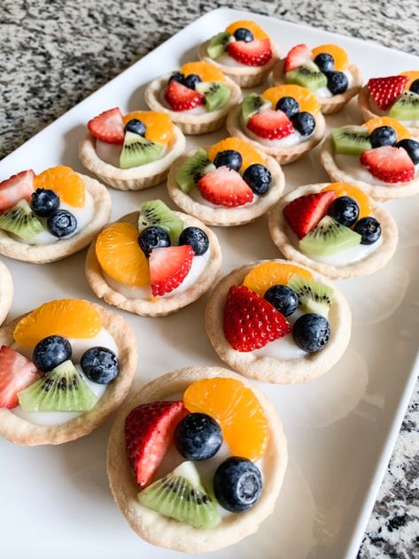 Gluten and Dairy Free Mini Fruit Tarts Gluten And Dairy Free Apps, Dairy Free Tea Party Food, Gluten Free Mini Desserts For Parties, Dairy Free Appetizer, Gluten Free Bridal Shower Food Ideas, Gluten And Dairy Free Appetizers, Gluten Free Fruit Tart Recipes, Non Dairy Appetizers, Gf Fruit Tart