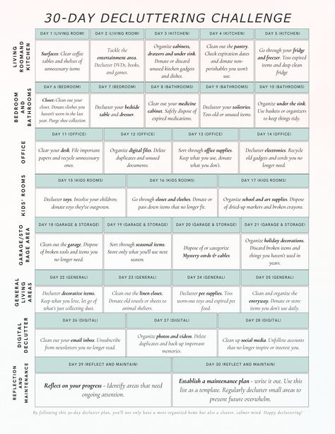 Get your free printable guide and start decluttering your home today! This 30-day challenge will help you clear the clutter, create more space, and live a more organized Home Organization Plan, Downsizing Your Home Simple Living, Home Declutter Checklist, Declutter Journal, Declutter Checklist Printables Free, House Declutter Plan, How To Reset Your Life, Declutter Guide, Decluttering Plan