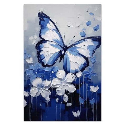 Bvkilrvc Unframed Canvas Prints Wall Art, Blue Butterfly Modern Wall Art Painting Gift for Office Living Room Bedroom Home Decoration Painting Unframed 12x18inch Monochromatic Painting Ideas, Butterfly Painting On Canvas, Modern Wall Art Painting, Monochromatic Painting, Wall Art Blue, Decoration Painting, Watercolor Art Lessons, Butterfly Painting, Prints Wall