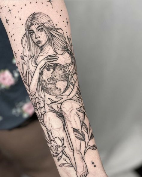 Gaia Tattoo, Women Tattoo Placement, Mother Earth Tattoo, Greek Goddess Tattoo, Inspo Tattoo, Earth Tattoo, Mother Nature Tattoos, Horoscope Tattoos, Saved Tattoo