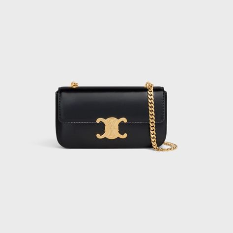 CHAIN SHOULDER BAG triomphe in shiny calfskin - Black | CELINE Mini Bag, Celine Shoulder Bag, Celine Triomphe, Bags Aesthetic, Celine Bag, Chain Shoulder Bag, Small Leather Goods, Chain Bags, Luxury Handbags