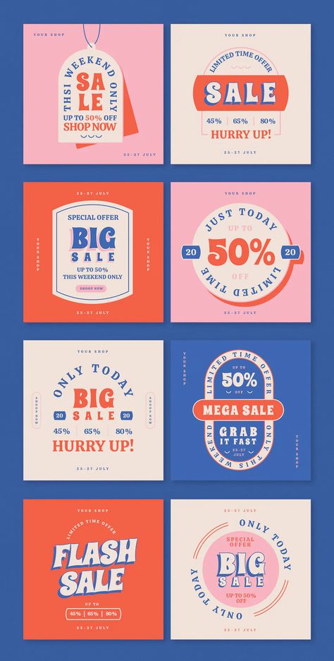 Retro Sale Web Banner & Badges Templates - Size 1080×1080 px Sale Poster Design Marketing Ideas, Website Sale Banner, Sales Template Design, Facebook Ads Design Ideas Creative Advertising, Promotional Banner Design, Sale Ad Design, Retro Social Media Design, Sale Design Poster, Sale Design Graphics Ideas