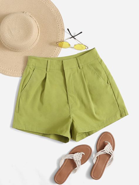 Lime Green Casual Collar  Fabric Plain Wide Leg Embellished Non-Stretch Spring/Summer/Fall Women Bottoms Short Verde, Lime Green Shorts, Drawstring Waist Shorts, Spring Shorts, Beige Style, Women Shorts, Shorts Casual, Casual Stripes, Fashion Gallery