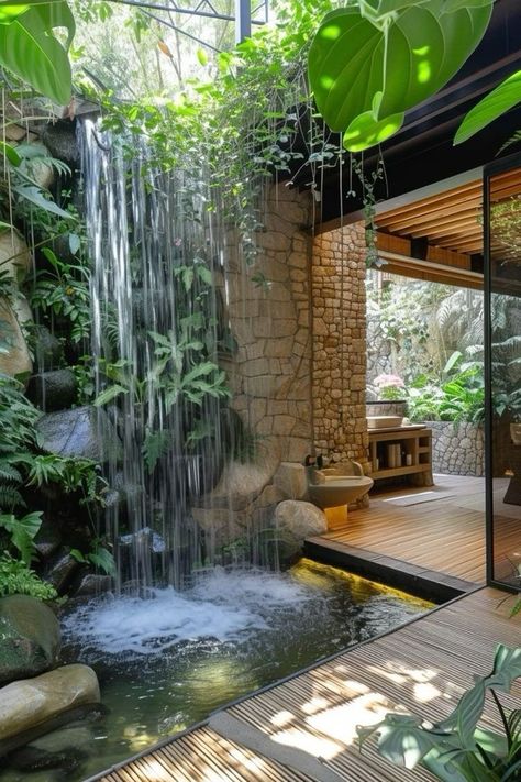 Home Waterfall Outdoor, Luxury Backyards, Small Garden Waterfalls, Stone Water Features, Kolam Koi, Casa Country, Pond Design, Dream House Interior, Dream House Exterior