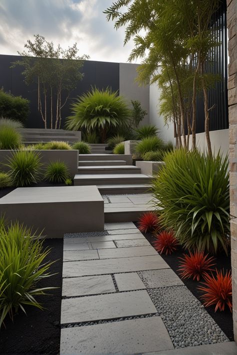 Modern Land Scape Stairs, Landscape Designs, Back Garden Landscaping, Landscaping, Backyard Landscaping Designs, Outdoor Design, Modern Garden, Land Scape, Backyard Landscaping