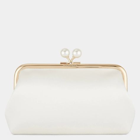 Anya Hindmarch Maud Pearl-Embellished Satin Clutch Bag in Ivory as carried by Kate Middleton, The Duchess of Cambridge White Clutch Bag, Princess Kate Style, Pearl Clutch, Bow Clutch, Pearl Clasp, Wedding Bags, Satin Clutch, Embellished Clutch, White Clutch