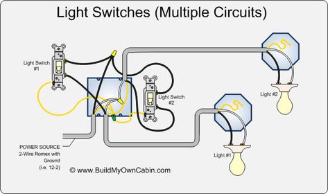 wiring-multiple-switches-to-multiple-lights-diagram Electrical Switch Wiring, 3 Way Switch Wiring, Outlet Wiring, Light Switch Wiring, Basic Electrical Wiring, Home Electrical Wiring, Vent Fan, Three Way Switch, Electrical Problems