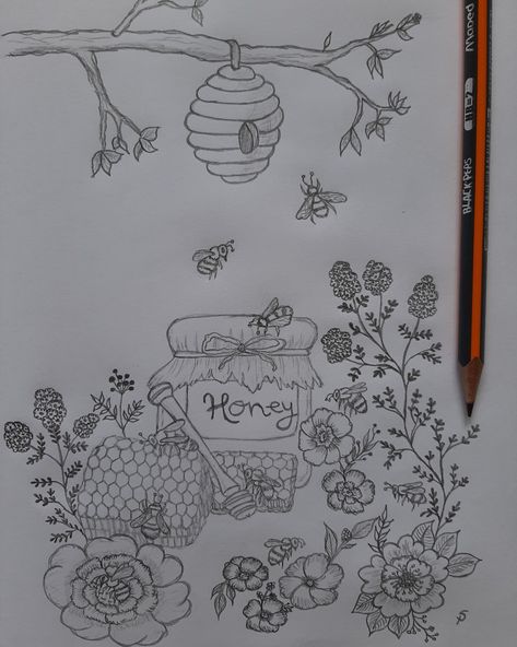 Bees Nest Drawing, How To Draw Honey Bee, Bee Hive Drawings, Honey Bee Art Drawings, Honey Bee Drawing Simple, Cute Honey Bee Drawing, Bee And Flower Drawing, Honey Artwork, Bee Painting Simple