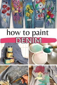 Tela, Jeans With Painted Flowers, Creative Clothes Ideas, How To Paint Pants, Diy Overalls From Jeans, Diy Pants Paint, Denim Painting Ideas, Diy Painted Denim, Painted Blue Jeans