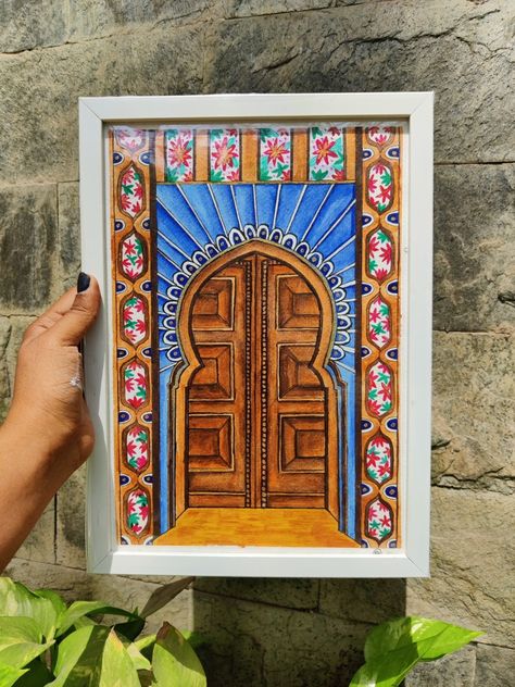 Aesthetic Door Drawing, Indian Door Painting, Indian Paintings Traditional, Art Handouts, Diwali Poster, Home Decor Indian, Traditional Windows, Doremon Cartoon, Indian Doors