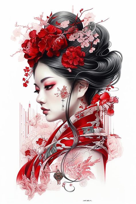 Geisha Tattoo Design Ideas, Japanese Geisha Drawing, Japanese Geisha Tattoo, Geisha Drawing, Geisha Artwork, Art Geisha, Photorealistic Portraits, Geisha Tattoo Design, Asian Artwork