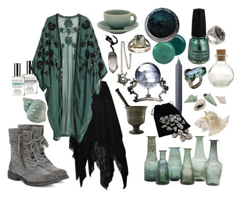 "Storm Water Witch" by ashenbones on Polyvore featuring Demeter Fragrance Library, Butter London, H&M, Jayson Home, China Glaze, By Lassen, Jars, Roxy, ocean and witch Ocean Witch Aesthetic Fashion, Sea Witch Aesthetic Dark, Water Witch Outfit, Sea Witch Outfit, Sea Witch Aesthetic Outfit, Hippy Witch, Bohemian Witch, Witchy Outfits, Witch Style