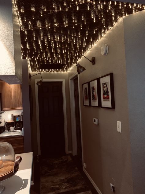 fairy lights on high gloss black ceiling Fairy Light Hallway, Fairy Lights In Hallway, Dangly Ceiling Lights, Hallway Fairy Lights, Fairy Lights Across Ceiling, Fairy Lights Hallway, Kitchen Fairy Lights, Twinkle Lights Ceiling, Fairy Lights Bedroom Ceiling