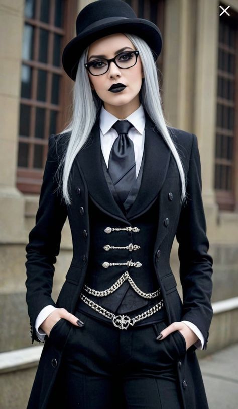 Halloween Costumes Women Black Outfit, Gothic Suit Women, Steampunk Goth Outfits, Batman Outfits Aesthetic, Detective Outfit Female Vintage, Goth Suits Women, Womens Prom Suits, Gothic Prom Suit, Gothic Inspired Outfits