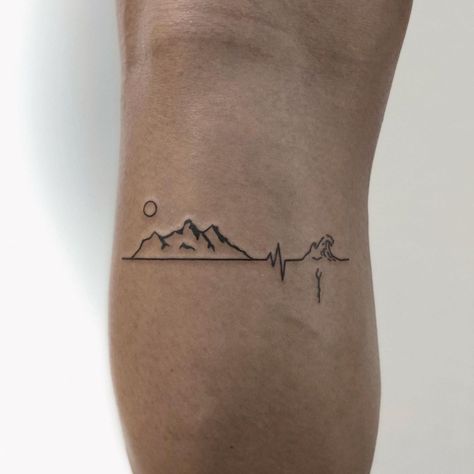 Nature Friendship Tattoos, Landscape Line Tattoo, Line Landscape Tattoo, Fine Line Landscape Tattoo, Nature Tattoos For Women, Red String Tattoo, Mountain Tattoos, Lake Tattoo, Matching Friend Tattoos