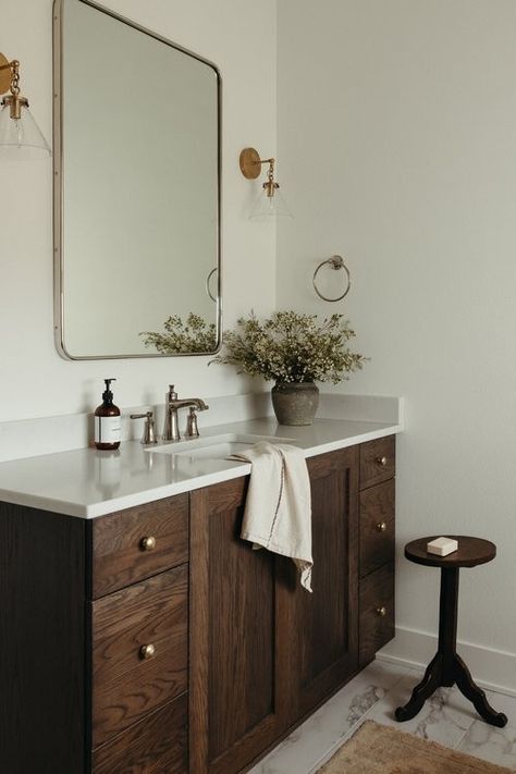 European Farmhouse Master Bath, Small Bathroom Timeless, Guest Bathroom Ideas Moody, Moody Jack And Jill Bathroom, European Farmhouse Bedroom Decor, Styling Bathroom Vanity, European Farmhouse Interior Design, European Inspired Bathroom, European Traditional Interior Design